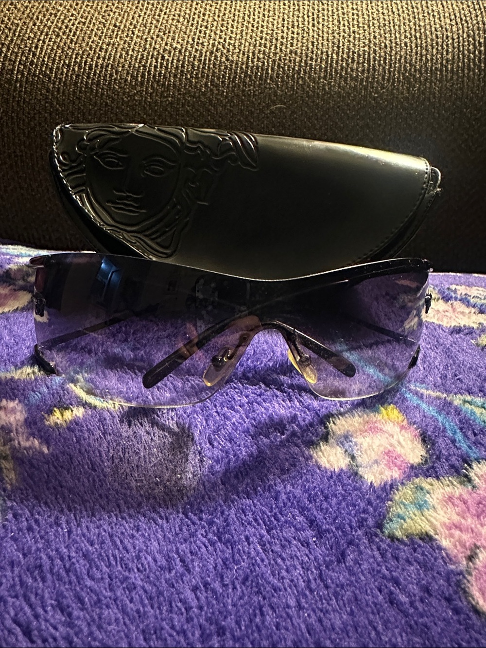 Versace Black Gradient Shield Sunglasses with Embossed Case
